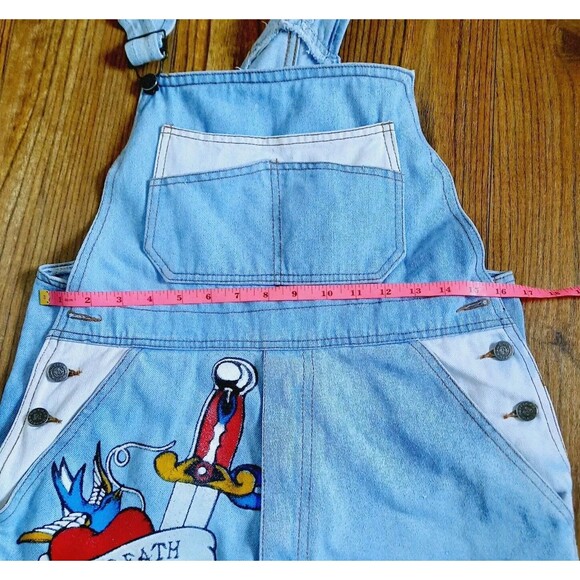 Vintage 90s Mastik Painted Denim Overalls Shorts Shortalls Women Size M USA - Picture 7 of 13